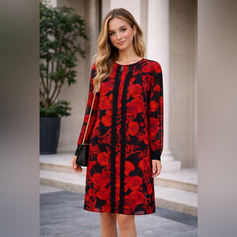 Eva Mendes Red & Black Floral Shift Dress | Size M | Elegant Lace Detail